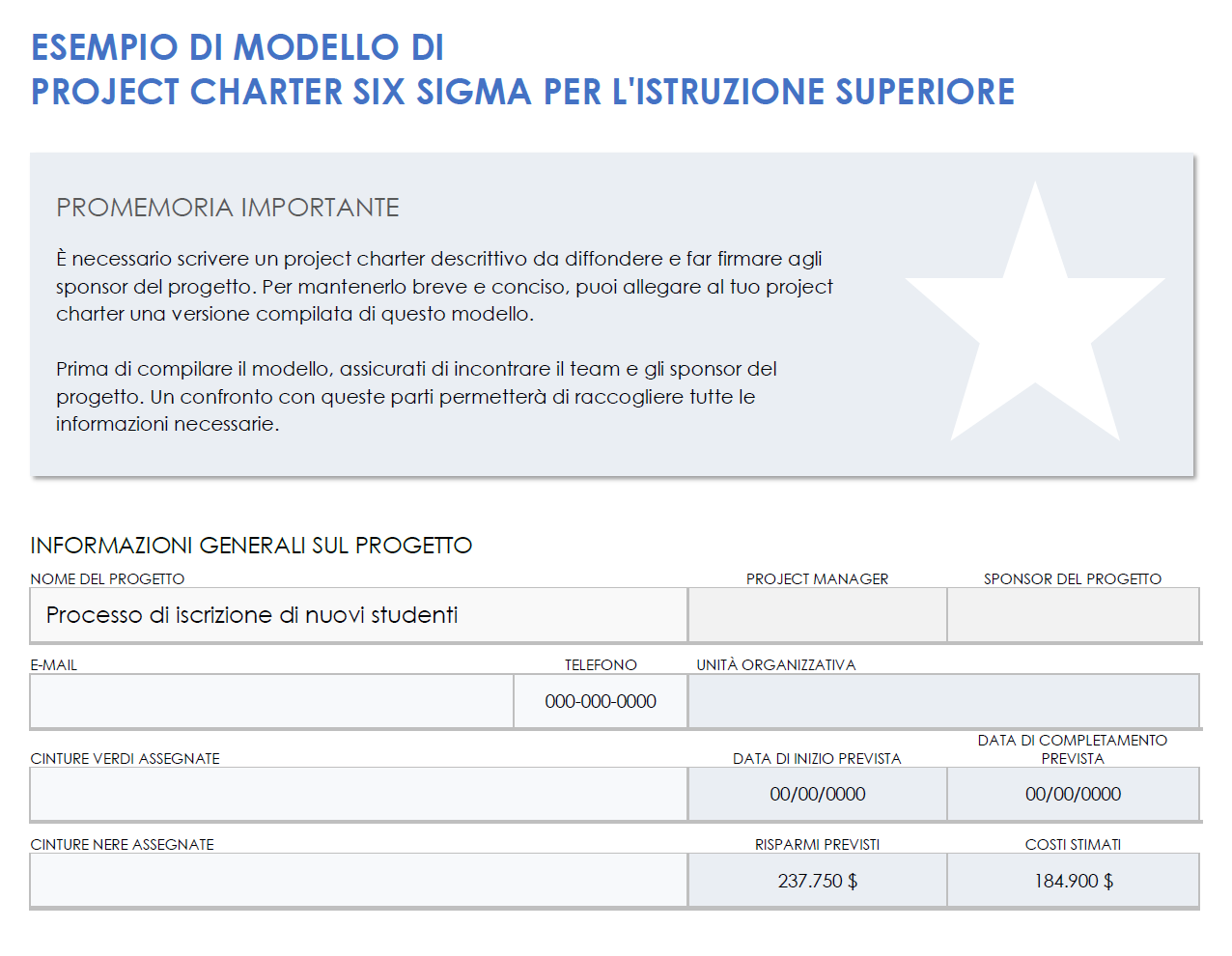 Esempio di carta di progetto Six Sigma per l'istruzione superiore