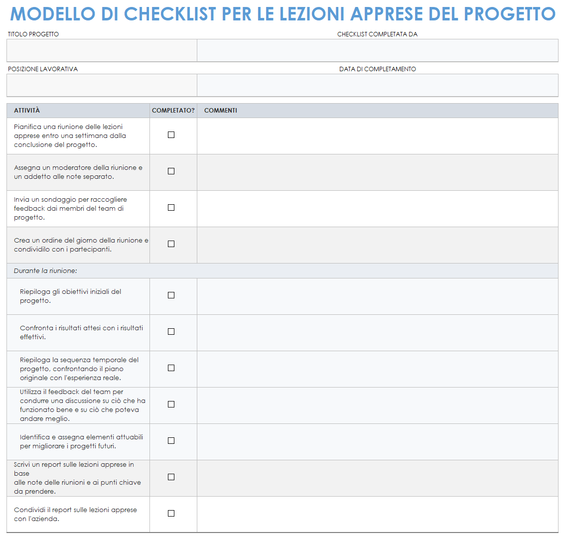 Elenco di controllo delle lezioni apprese del progetto