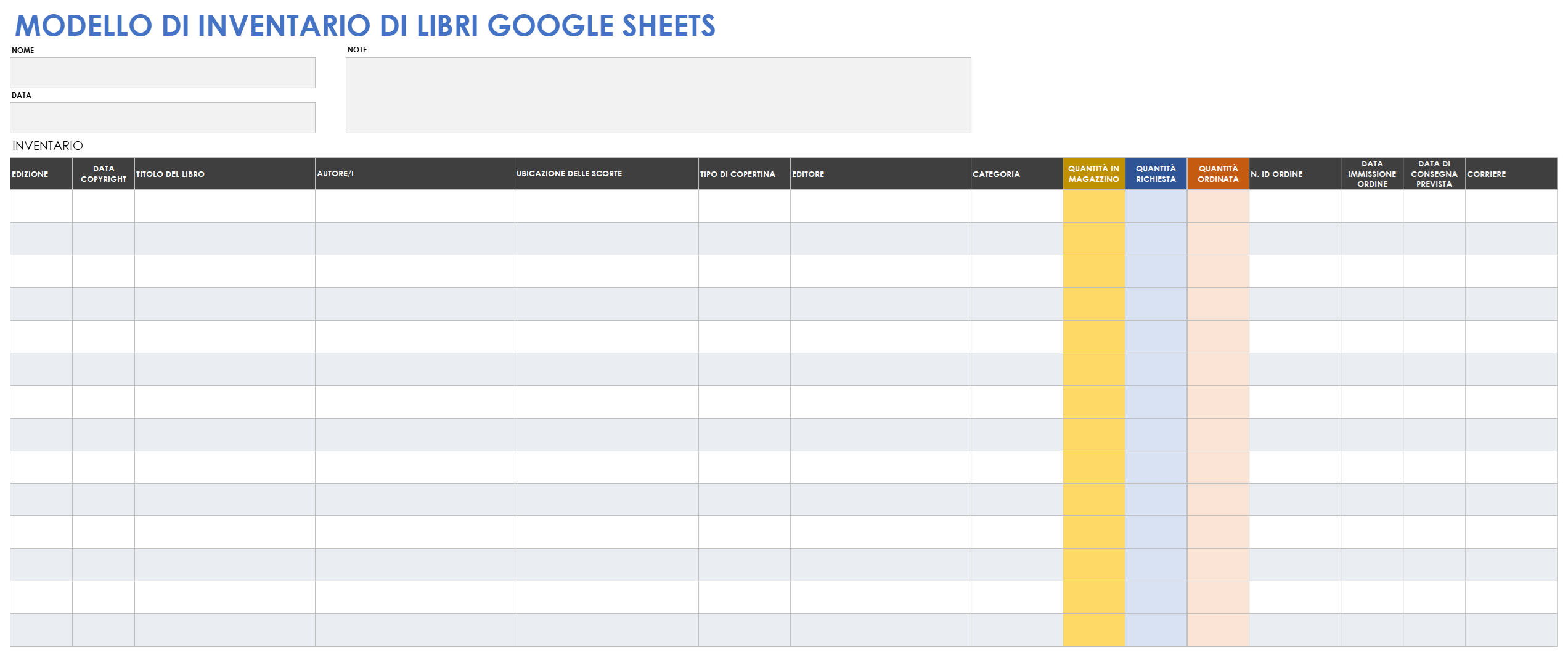 Modello di inventario di fogli Google e libri