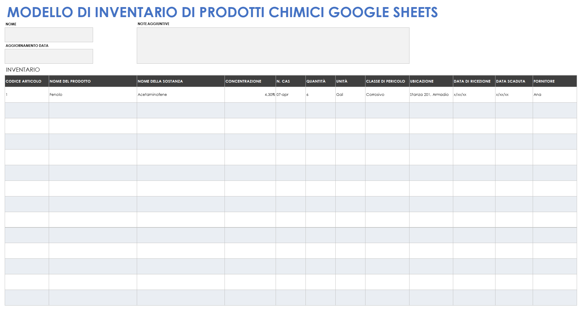  Modello Fogli Google per inventario chimico