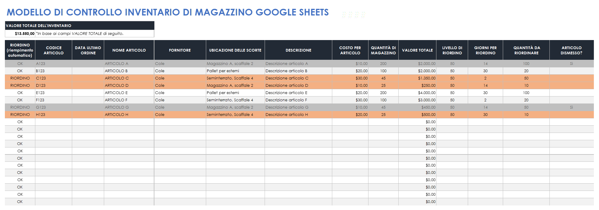  Modello di controllo dell'inventario di fogli Google