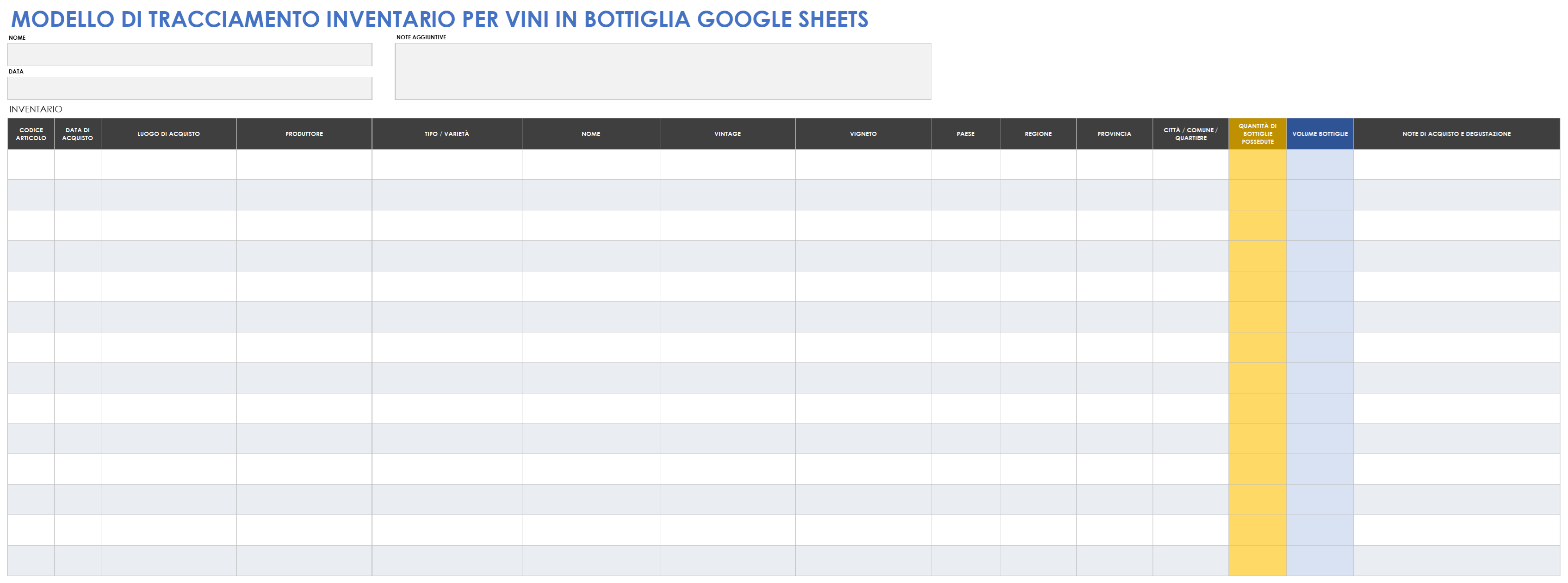 Modello di monitoraggio inventario bottiglie di vino di fogli Google