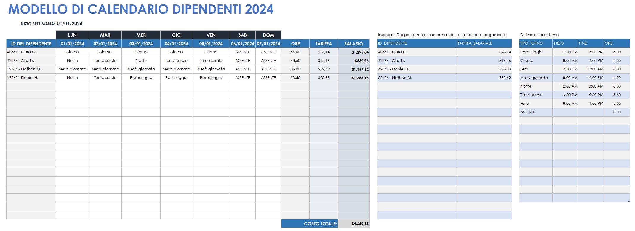  Modello di calendario per i dipendenti 2024