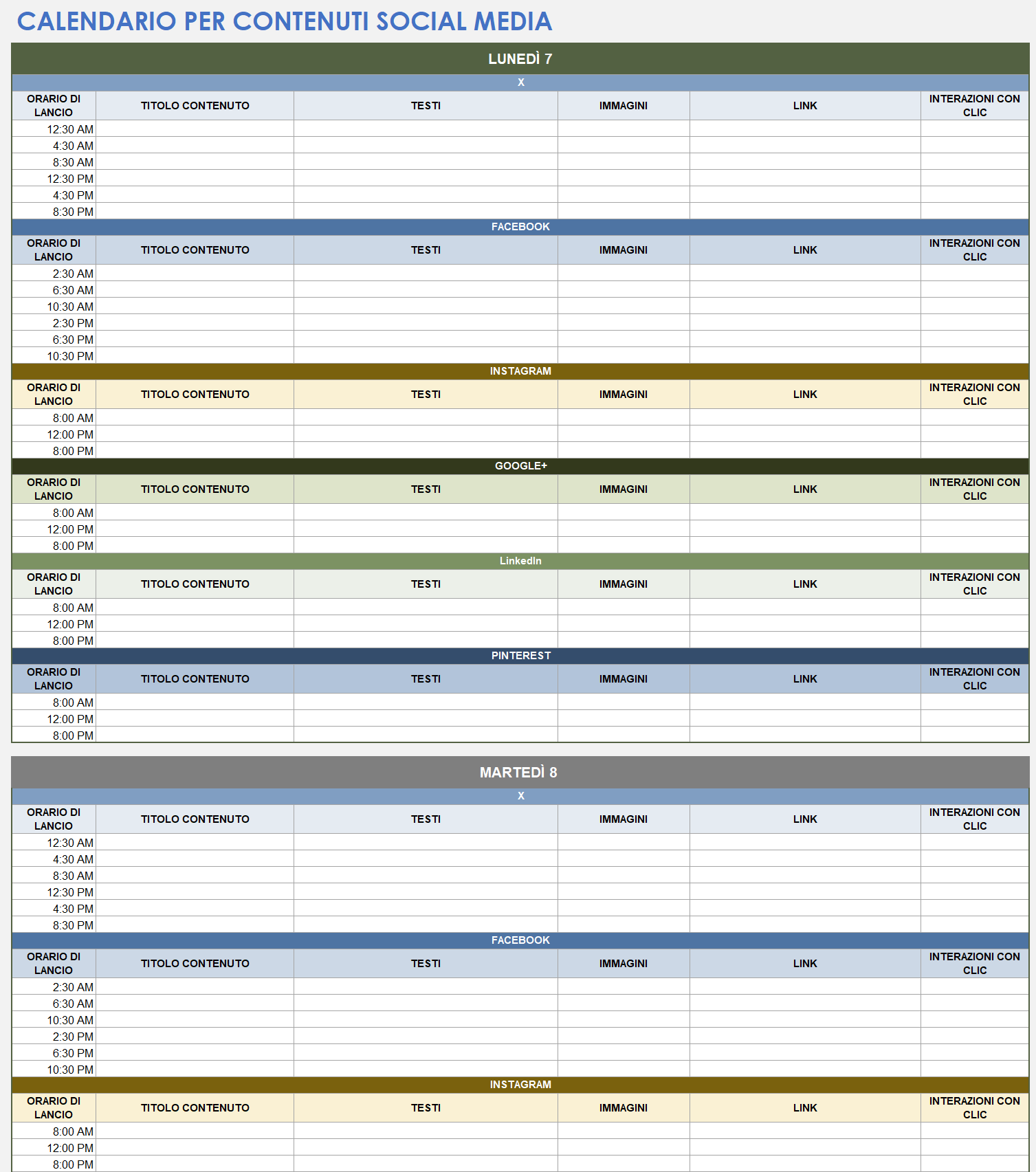  Modello di calendario dei contenuti dei social media di Google