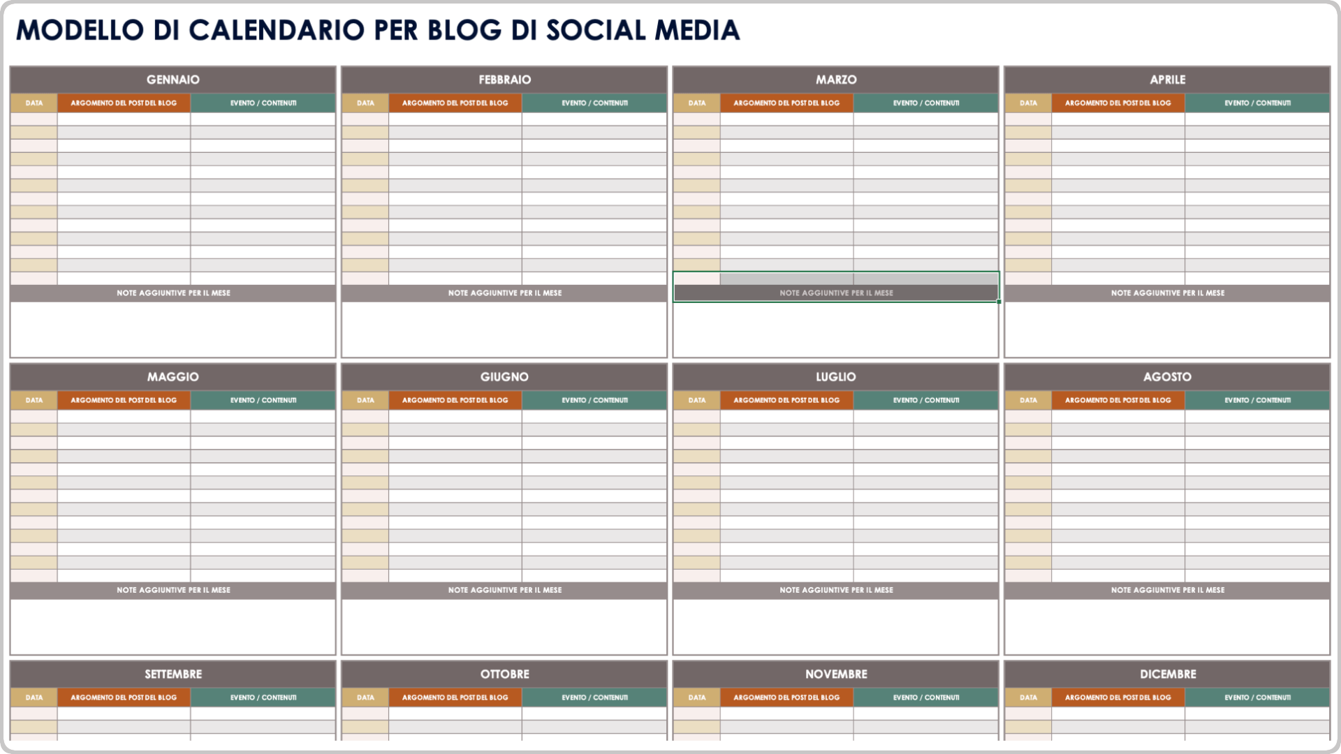 Modello di calendario per i blog sui social media