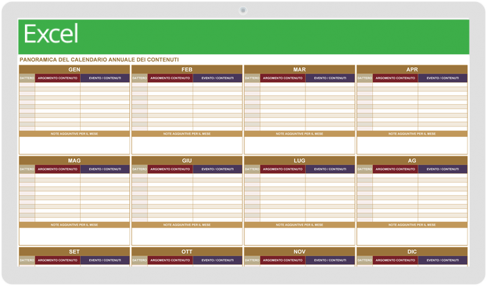 Modello di calendario dei contenuti annuali