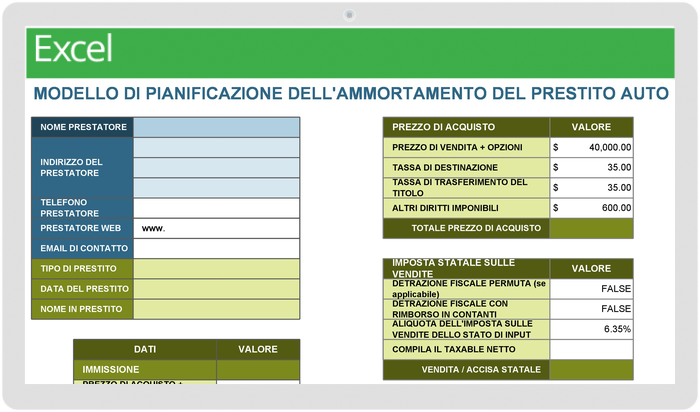  Modello di programma di calcolo dell'ammortamento del prestito automatico