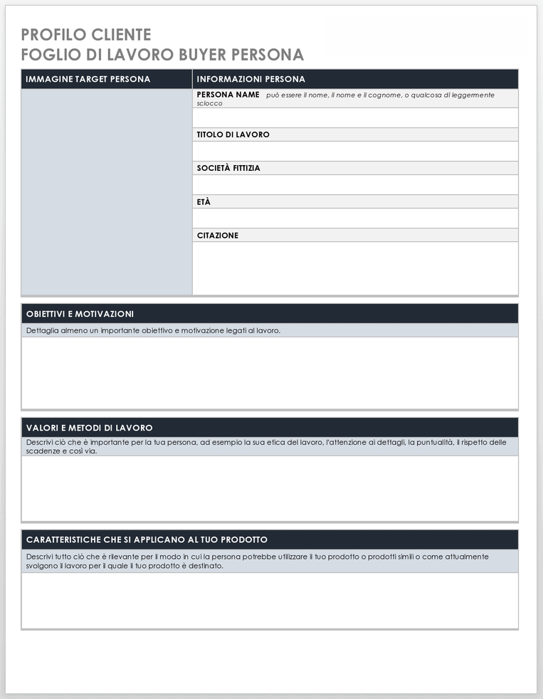 Modello di foglio di lavoro Persona acquirente profilo cliente