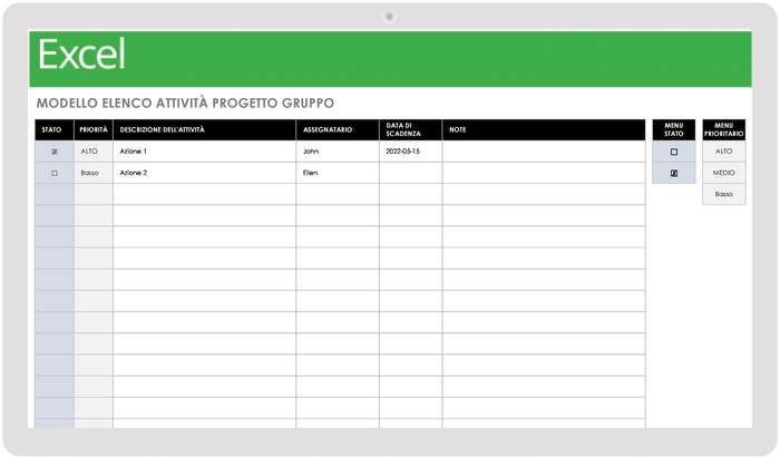 Modello di elenco delle attività del progetto di gruppo