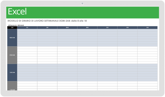 Modello di orario di lavoro settimanale da domenica a sabato dalle 20:00 alle 18:00