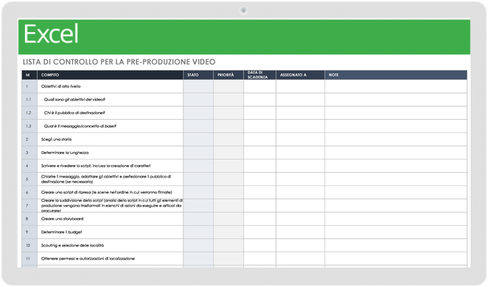  Modello di lista di controllo per la pre-produzione video